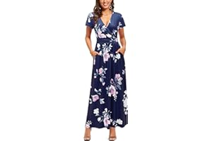 OUGES Women's Summer Spring Maxi Dress V Neck Short/Long Sleeve Ladies Casual Long Wrap Dress with Pockets