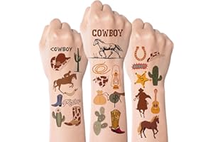 Kotkiddy 72 Pezzi Western Cowboy Tatuaggi Temporanei Bambini Ragazzi Ragazze Decorazioni per Feste Bomboniere Regalo Adesivi per Feste di Compleanno Wildwest Cavallo Rode