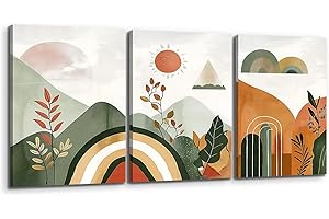 MHARTK66 Quadri Boho Soggiorno 3 pezzi, Stampe da Parete Paesaggio Astratto Verde, Quadro Camera da Letto Su Tela Sole Foglie Linea, Moderni Decorazioni Parete Bagno Cucina Ufficio Sala Da Pranzo
