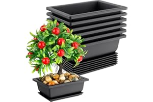 YEESPORT Bonsai Pot 6.5 Inches, 6 Packs Rectangle Bonzai Training Pots with Drainage Trays, Plastic Flower Pot Humidity Trays, Square Potted Planter Pot for Living Room, Office, Yard, Garden, Indoor, Balcony