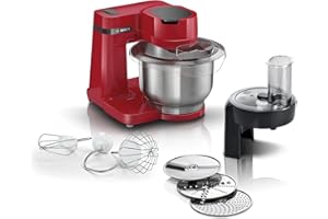 ‎BOSCH Bosch Küchenmaschine Serie 2, kleine Küchenmaschine, Edelstahl-Schüssel 3,8 L, Knethaken, Schlag-, Rührbesen Edelstahl, Durchlaufschnitzler, 3 Scheiben, 700 W, rot, MUMS2ER01