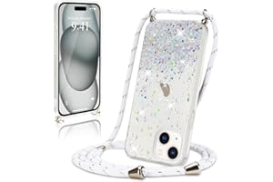 Wirvyuer Handykette Hülle für iPhone 15 Plus Handyhülle mit Kordel Glitzer Schutzhülle mit Band zum Umhängen Halskette Silikon Case mit Schnur für iPhone 15 Plus Transparent