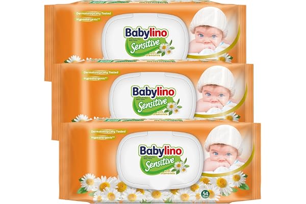 Babylino Sensitive Lingettes au délicat parfum de Camomille, Formule 98% Naturelle qui restaure le pH naturel de la peau, 3 paquets avec capot refermable, 162 lingettes