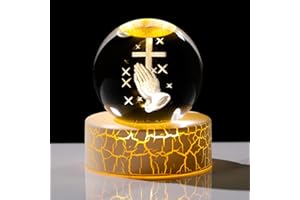 Movdyka Crystal 3D Cross in Praying Hands 2.36in Ball Statue Christian Gifts for Women Men, Glass Religious Gift Sphere for Room with Warm Light Crucifix Catholic Presents for Home Ornaments