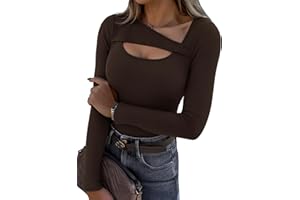 Aottori Maglia Donna Manica Lunga con Scollo Asimmetrico Maglietta a Costine Aderente Basic Top Slim Fit Elegante T-Shirt Elasticizzato Tinta Unita Casual