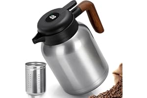 VETIN Thermoskanne 1,5L, Kaffeekanne aus Doppelwandige 316 Edelstahl, Teekanne Thermo mit Abnehmbarem Teesieb, Isolierkanne mit Holzgriff, 12h Hitze/18h Kält (Edelstahlfarbe)