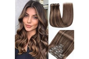 GUDOZO Extensiones Clip Pelo Natural 7pcs 40cm 120g Castaño Castaño oro Pálido Con Rubio Claro Extensiones Pelo Natural Clip Extensiones De Cabello Natural(16Inch,P2/10#)