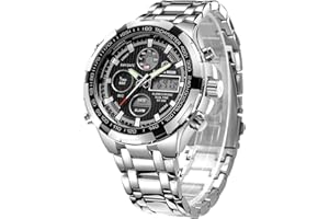 Affute Orologi da uomo eleganti in acciaio inox impermeabili, analogici e digitali, con cronografo, data, allarme