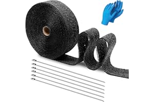 FREESOO Rollo de Cinta Aislante de Fibra para Tubo de Escape Titanio Calor de Coche o Motocicleta Cinta de Disipación de Calor Cinta de Protección Contra el Calor 15M + 6 barras de acero inoxidable