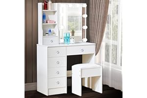 Dradaomull Tavolo da toeletta con illuminazione a LED, tavolo da toeletta con specchio per trucco, 3 colori con luminosità regolabile, moderno tavolo cosmetico con ripiani regolabili, 6 cassetti,