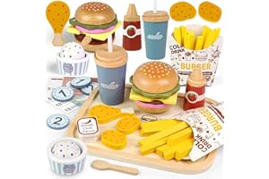Airlab Kinderküche Spielküche Zubehör aus Holz, Küchenspielzeug Hamburger Fast Food Set Holz Lebensmittel Spielzeug mit Deutscher Speisekarte, Kaufladen Zubehör, Pädagogisches Rollenspiel Geschenk