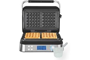 Hamilton Beach Pro Smart Waffle Maker, Non-Stick, 7 Browning Levels, 5 Programmes, Family Size, Digital Display, Overflow Protection - HB5403T, Silver