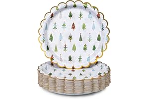 CONFETTIVILLE Christmas Paper Plates, 50-Count Disposable Christmas Dinner Plates, Scalloped Gold, Party Supplies, Hand Drawn Christmas Trees