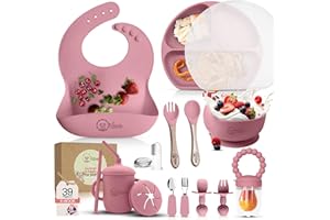 O'doe 17-teilig Baby LED-Entwöhnungszubehör für Kleinkinder, Babyfütterungsset | Saugnapf-Silikon-Babyschale, selbstverzehrende Utensilien mit Löffeln, Tassen, Lätzchen, Essteller-Set mit | Pink, V2
