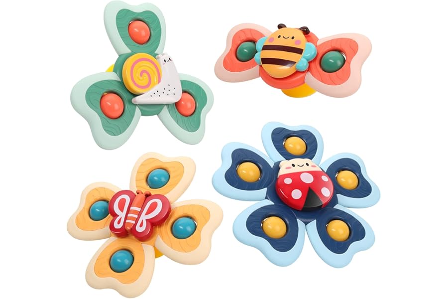 Baby Suction Cup Spinning Top Toys, Spinner Toys for Babies, Window Suction for Baby High Chair Tray Bath Table Airplane Travel, Gift for Toddlers (4 Pcs)