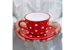 ‎CITY TO COTTAGE City to Cottage Czerwona i biała | W kropki | Ręcznie malowana | Duża ceramiczna 350ml | Filiżanka ze spodkiem do cappuccino herbaty | Prezent
