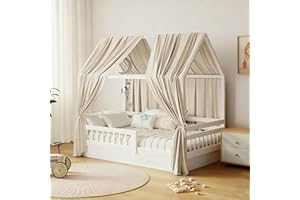 GFCC Ciel de Lit Cabane Ensemble de Décoration avec 2 Pièces Rideaux Lit Cabane Enfant Baldaquin Ciel en Tissu de Maison Chambre pour Fille Garçon,62 x 270 cm Beige