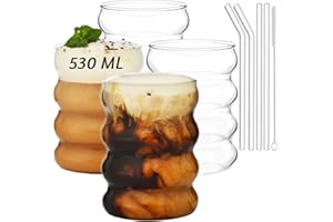 ALINK Lot de 4 Verres Côtelés de 530 ml Avec Pailles en Verre - Pour Café Glacé, Eau, Long Drink, Cocktail, Soda - Idée Cadeau