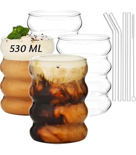 Lot De 4 Verres à Bulles En Verre Borosilicate 530 Ml Avec Pailles Et Brosses - Design Vague Antidérapant - Pour Cocktails, Smoothies, Café Glacé - 2