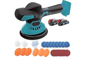 SQUAELTIRS Cordless Car Buffer Polisher, Compatible with Makita 18V Battery, 6 Variable Speed 1800-5800RPM, Extra 24PCS Attachments, 145mm Base, with 2 x3.0 Ah Batteries, for Auto Sanding Polishing