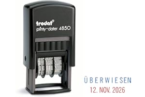 ‎TRODAT Trodat Printy Dater 4850 Datumstempel mit 2farbigem Kissen blau/rot + Wunschtext, Stempeltext:Ü B E R W I E S E N
