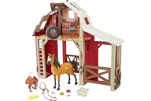 DREAMWORKS SPIRIT Mattel, Mustang: Duch wolności Stajnia Zestaw do zabawy z figurką konia Ducha, stajnią, 3 obszarami zabawy i 10 elementami, odpowiedni prezent dla dzieci od 3 roku życia, HDK56