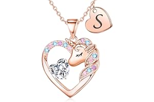 TINGN Cadeau licorne pour fille - Collier licorne pour fille - Plaqué or 14 carats - Collier avec pendentif en forme de cœur avec lettres - Cadeau d'anniversaire pour fille