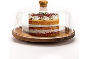 NWK Rotating Cake Stand with Acrylic Dome Lid 11 Inch Acacia Wooden Cake Display Stand Turntable with Clear 282(Ø) x 115(H) mm Cover for Birthday, Wedding, Party.