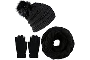 Joligiao Bufanda Conjunto de Gorro Invierno Gorro de Pompón Cálido Guantes Set de Bufanda Cómodo Lana Punto Guantes Hombre Pantalla Táctil Guantes Sombrero Pompón Mujer