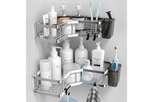 FINIBO Duschablage Ohne Bohren, 2 Stück Selbstklebend Eckregal Badezimmer Organizer, Duschregal Edelstahl mit 4 Haken und 2 Zahnpasta Halter, Schwarz Duschablage Duschkorb für Bad Küche