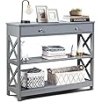 COSTWAY Console Table, X-Shaped Sofa Side End Table with Drawer and 2 Storage Shelves, Wooden Narrow Hall Desk Display Accent Table for Living Room Bedroom Entryway Hallway (Grey)