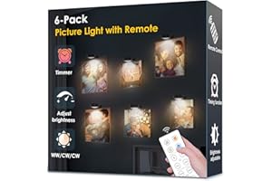 YIMAXPS 6-Pack Picture Light Battery Operated, Led Lights with Remote, Dimmable and Timer Painting Light, Art Display Light for Picture Frame Artworking Portrait, Home Wall Decor Puck Lights, Black