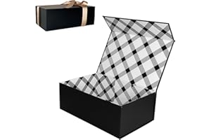 Tekhoho Caja de Regalos Negro 27x17,5x10 cm, Caja de Regalos Premium con Tapa MagnéTica y Cinta para Embalaje de Regalos de Bodas y CumpleañOs, Forro a Cuadros