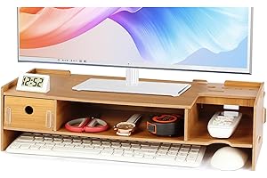 Tonsmile Wood Monitor Stand, Wooden Office Desk Desktop Storage Organiser Computer Screen Monitor Riser with Drawer (W480 x D200 x H120mm)