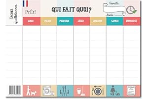 Prêt! | Calendrier Hebdomadaire Familial A3 à Remplir | Planning Mural Organisation Famille avec 8 Cases de Tâches Quotidiennes | Tableau Semainier à Personnaliser pour Adultes, Ados et Enfants
