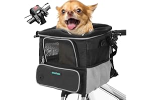 DAISTERN Panier de Vélo Avant pour Chien Chat jusqu'à 4KG avec Adaptateur Φ80mm, Sac à Dos Petit Chien avec Fenêtre en Maille Respirante, Bandes Réfléchissantes, Coussin Confortable Imperméable