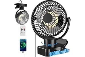 AIDSCI 360° Oscilación Ventilador Pinza con Mando a Distancia - 10000mAh Portatil Recargable USB Ventilador de mesa - Silencioso Mini Clip Ventilador Camper 4 Niveles & Temporizador - luz LED- 75H - Ø17.5cm