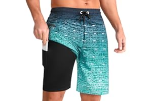 iCKER Men's Swimming Shorts with Compression Liner 2 in 1 Swimming Trunks Quick Dry 9 inch Inseam Board Shorts with Zipper Pockets