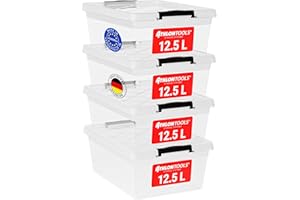 ATHLON TOOLS 4 x 12,5 l pudełka do przechowywania z pokrywką, przeznaczone do kontaktu z żywnością – klipsy zamykające – 100% nowe tworzywo sztuczne, przezroczyste