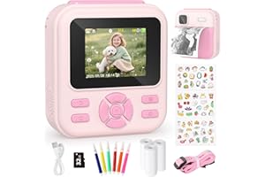 YOHOOLYO Sofortbildkamera Kinder 2,4 Zoll 1080P HD Kinderkamera mit 3 Rollen Druckpapier 32GB Karte Farbigen Stiften Aufkleber Geschenke für Jungen und Mädchen 3-12 Jahre (Rosa)