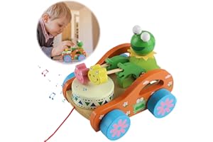 badaren 2023 Nachzieh Frosch, Nachziehtiere aus Holz, Nachziehspielzeug ab 1 Jahr, Süßes Trommelnder Frosch mit Zahnrad und Schnur, Farben auf Wasserbasis, Nachziehfrosch für Frühkindliches Lernen