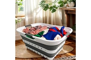SAMMART 42L Collapsible Plastic Laundry Basket - Foldable Pop Up Storage Container/Organizer - Transportable Washing Tub - Space Saving Hamper/Basket (1, White/Steel Gray)