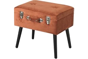 BARONI HOME Baroni Pouf Valigia Contenitore in Velluto, Puff Sgabello Portaoggetti, Pouff Poggiapiedi Salotto, Camera con Zampe in Legno, Colore Rosso Cognac, 50x35x46 cm