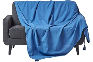 ‎HOMESCAPES Homescapes Wohndecke Rajput blau – leichte Baumwolldecke 225x255 cm, Tagesdecke aus 100% Baumwolle, Sofaüberwurf handgewebt mit Streifenstruktur, Couch-Überwurf mit Quasten, Oeko-Tex