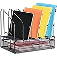Gluckluz Letter Tray Paper Organizer Mesh Desktop File Sorter 5 Section Vertical Document Storage Holder with Sliding Drawer for Magazine Home Office Classroom School Workspace (Black)