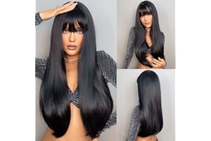 ‎HAIRCUBE HAIRCUBE Lange Gerade mit Pony Perücken für Frauen Natur Hitzebeständige Kunstfaserperücken mit Pony Täglich Cosplay (schwarze)