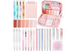ESSALOO 30 Pezzi Set di Cancelleria per Studenti con Astuccio, 11 Penne Neutre, 4 Evidenziatori, 3 Matite Meccaniche, Regalo Bambina 6 7 8 9 10 11 12 Anni, Rosa
