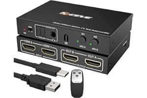 MLEEDA Divisor HDMI 2 en 2 Salida, 4 K @60 Hz, conmutador HDMI con Puerto de Salida de Audio, conmutador HDMI con función ARC y Mando a Distancia, Compatible con 4K 3D HDCP2.2, para PC Xbox PS5/4 HDTV