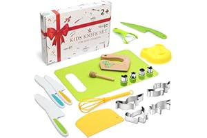 LETTO & TAILOR Coltello per bambini Set di 20 coltelli da cucina di sicurezza per bambini con tagliaverdure, coltello in legno, tagliere