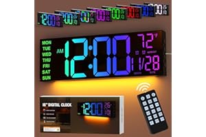 GOLOZA 16" Large Digital Wall Clock for Bedroom, Led Clock with Remote Control, Dual Alarms, 10 Brightness Dimmer, 8 Colors, 5 Volume, Auto DST, ℃/℉, Timer, Alarm Clocks Bedside for Heavy Sleepers